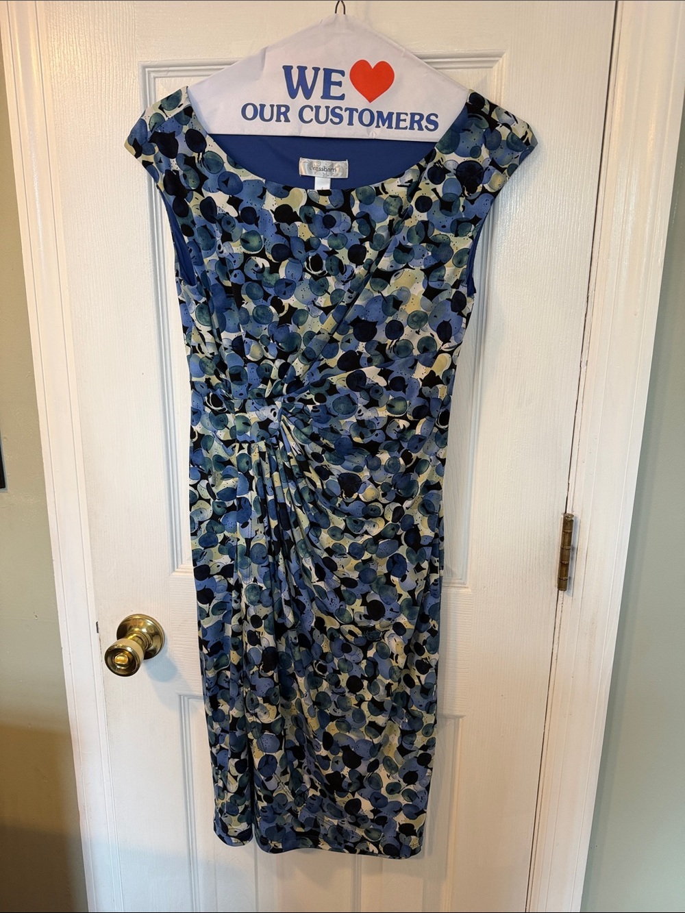 Dress Barn Blue Floral Midi Dress with Ruched Twist